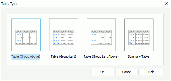 Table Type dialog