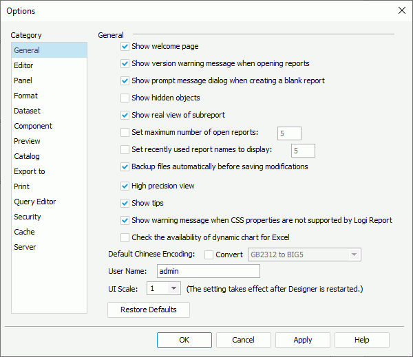 Options dialog - General category