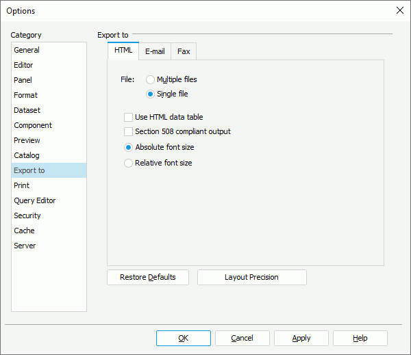 Options dialog - Export to category - HTML tab