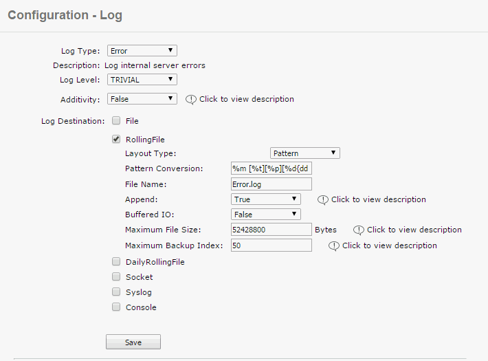 Configuration - Log page