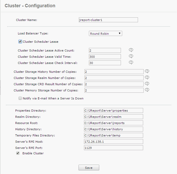 Cluster - Configuration page