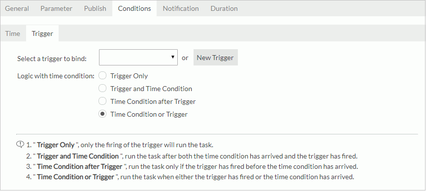 Schedule dialog - Conditions tab - Trigger