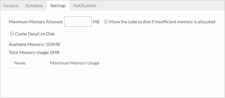 New Cube dialog - Settings tab