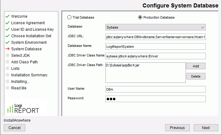 Configure Server Database to Use Sybase