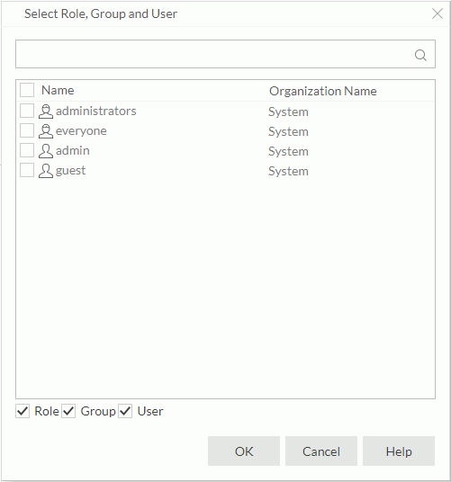Select Role, Group and User dialog