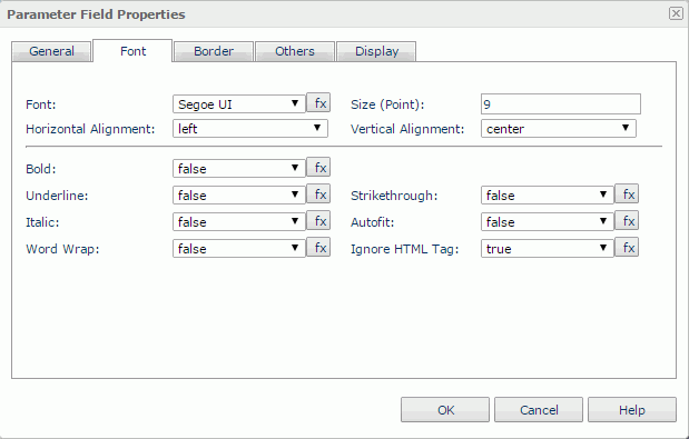 Parameter Field Properties dialog - Font tab