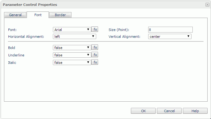 Parameter Control Properties dialog - Font tab
