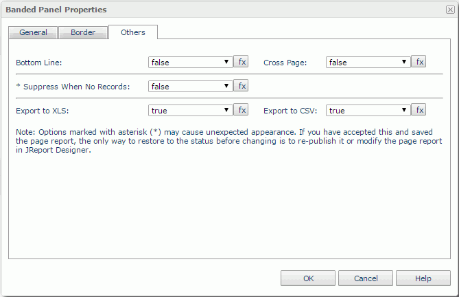 Banded Panel Properties dialog - Others tab