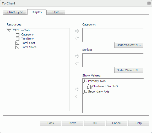To Chart dialog - Display tab