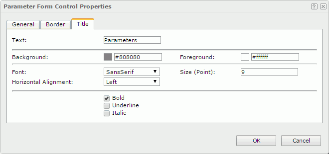 Parameter Form Control Properties dialog - Title tab