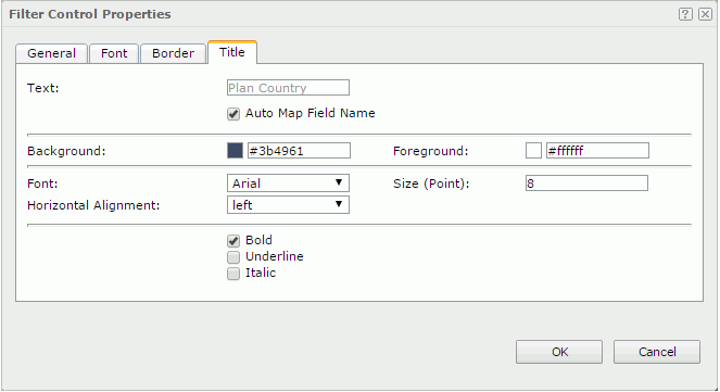 Filter Control Properties dialog - Title tab