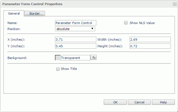 Parameter Form Control Properties dialog - General tab