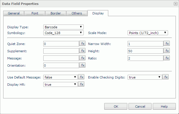 Data Field Properties dialog - Barcode Display Type