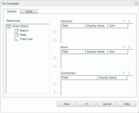 To Crosstab dialog - Display tab