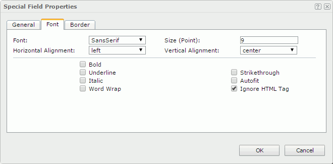 Special Field Properties dialog - Font tab