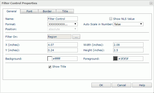 Filter Control Properties dialog - General tab