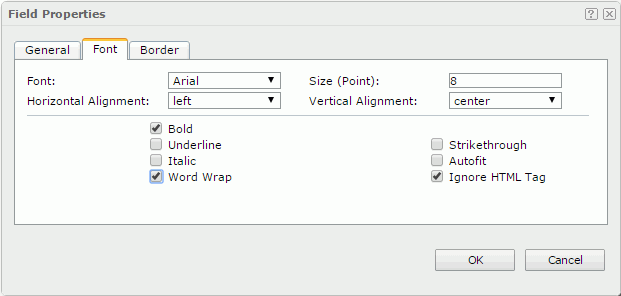 Field Properties dialog - Font tab