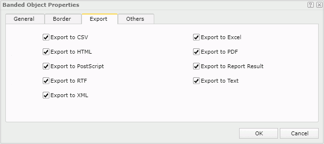 Banded Object Properties dialog - Export tab