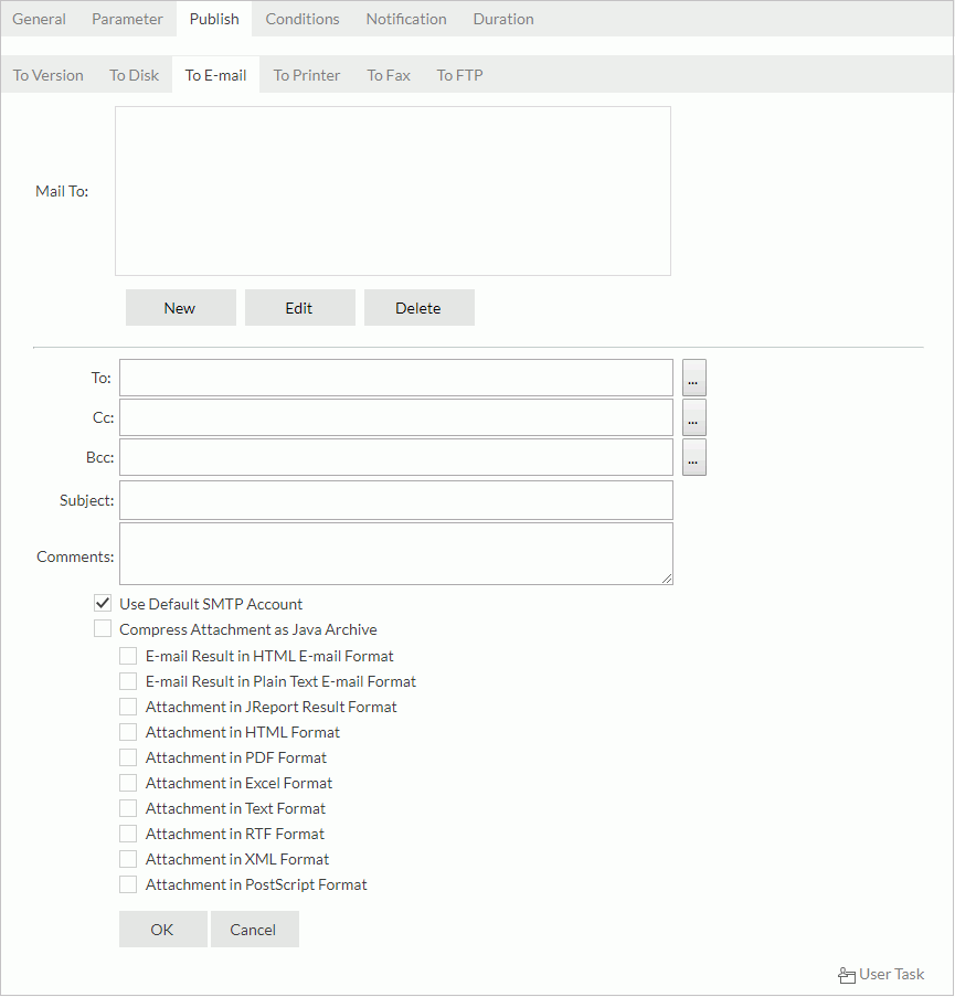 Schedule dialog - Publish tab - To E-Mail