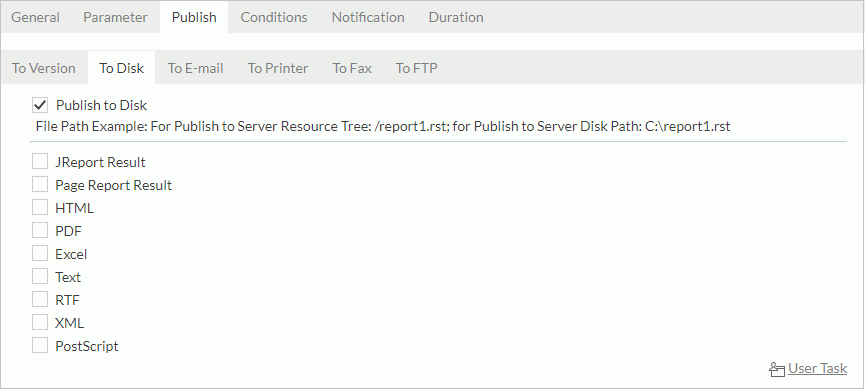 Schedule dialog - Publish tab - To Disk