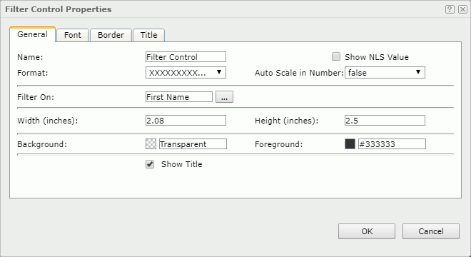 Filter Control Properties dialog - General tab