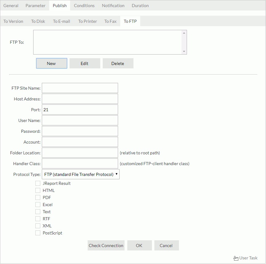Schedule dialog - Publish tab - To FTP