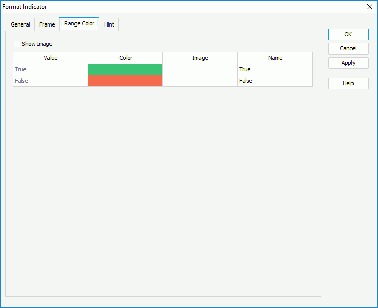 Format Indicator dialog box - Range Color tab for Boolean value