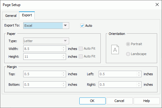 Page Setup dialog box - Export tab