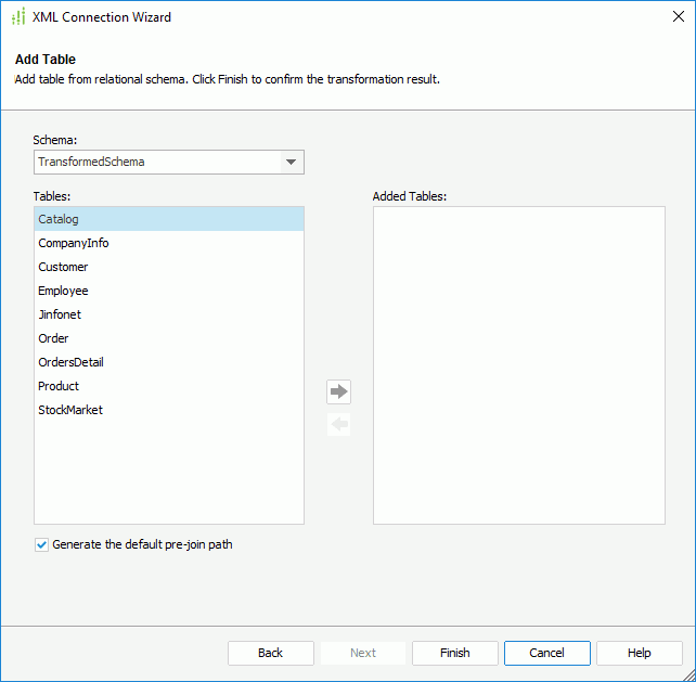 XML Connection Wizard - Add Table