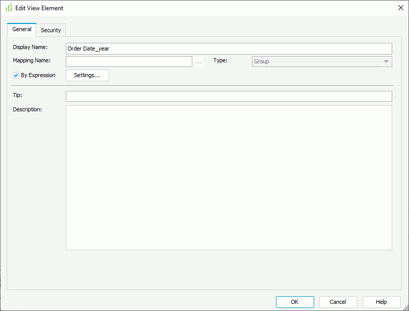Edit View Element dialog box - General tab
