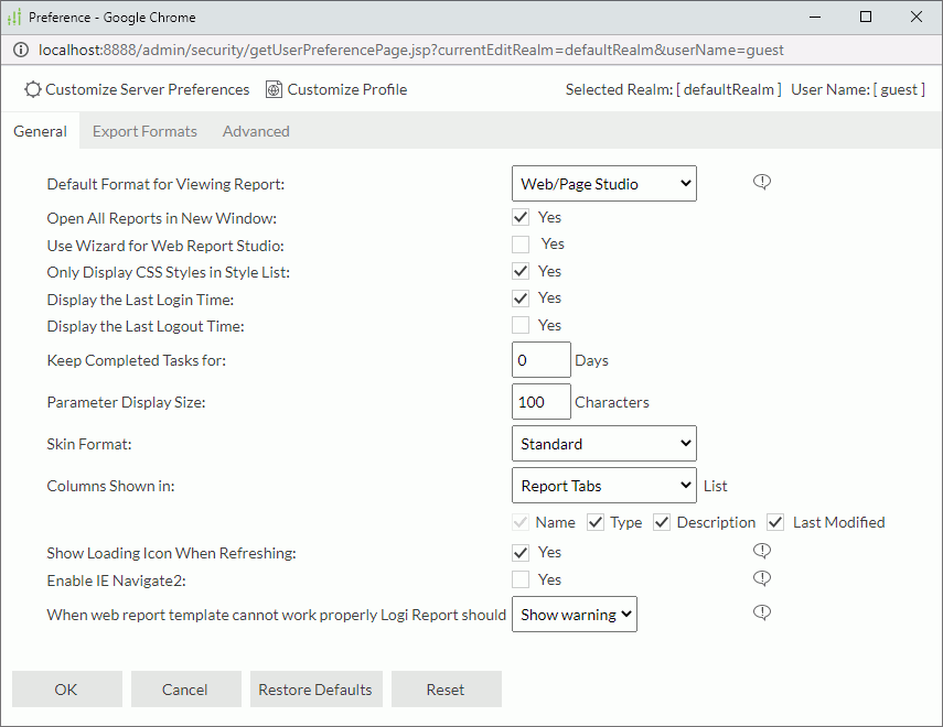 Preference dialog box