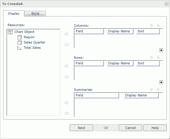 To Crosstab dialog - Display tab