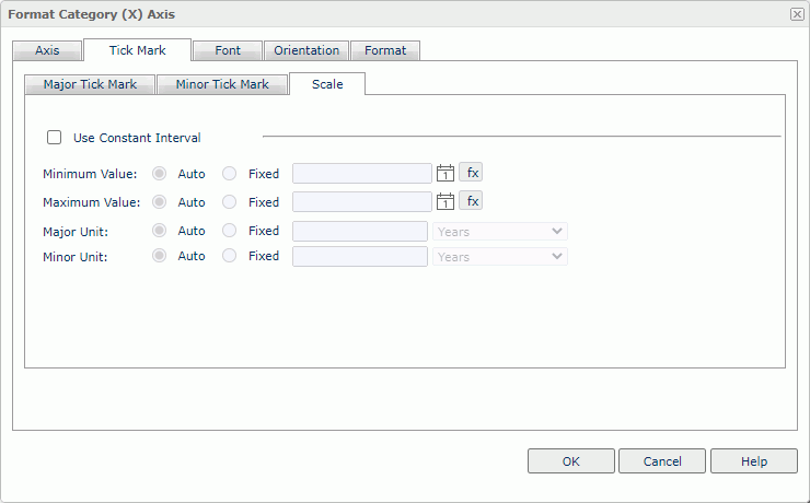 Format Category (X) Axis dialog box - Tick Mark - Scale