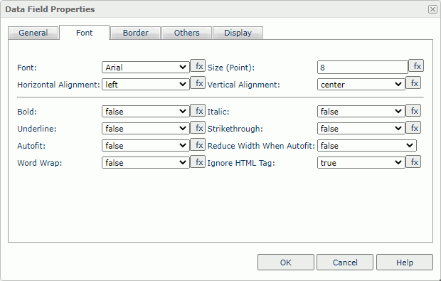 Data Field Properties dialog box - Font tab