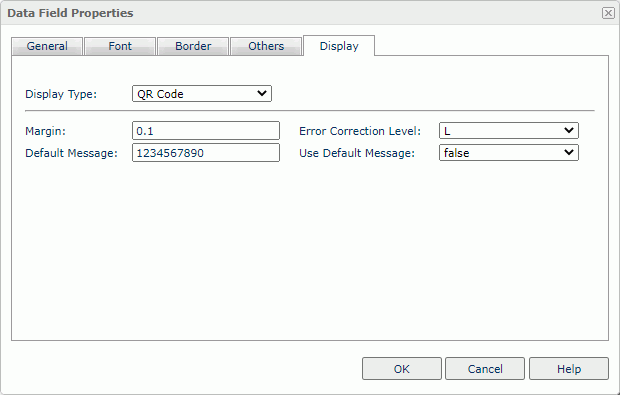 Data Field Properties dialog box - QR Code Display Type