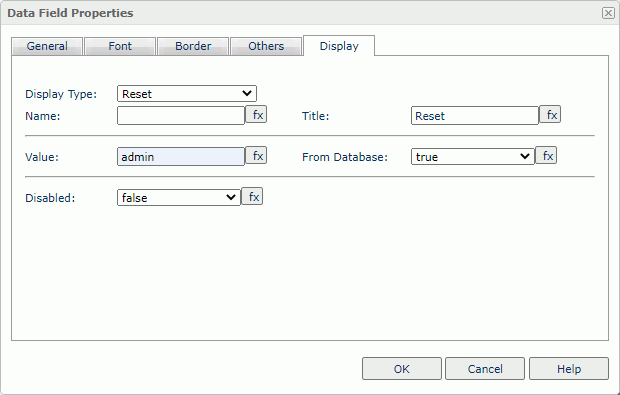Data Field Properties dialog box - Reset Button Display Type