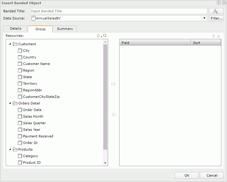 Insert Banded Object dialog - Group tab