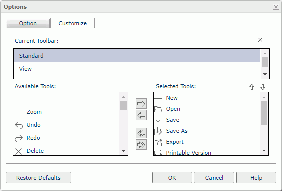 Options dialog - Customize tab