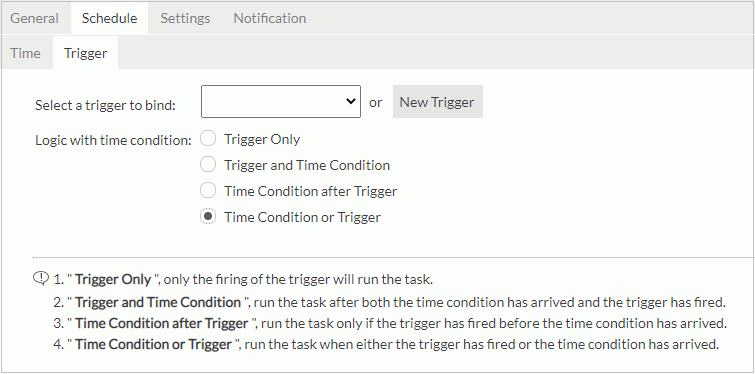 New Cube dialog box - Schedule - Trigger subtab