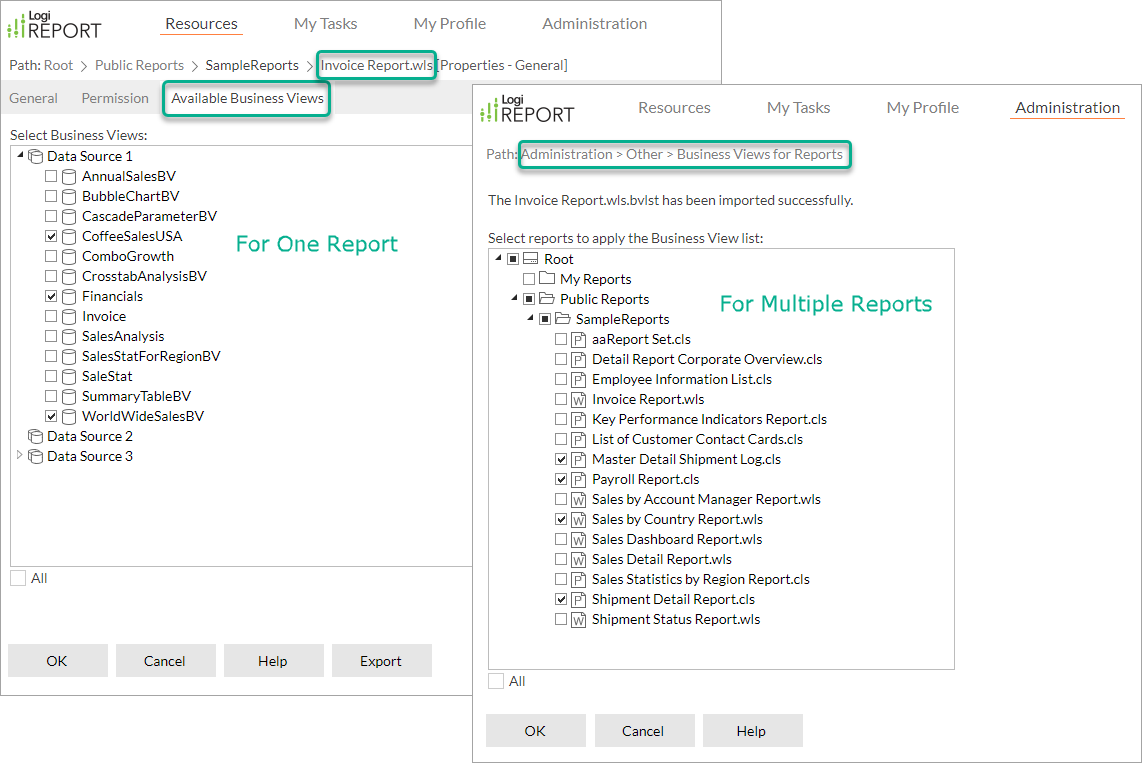 Customize business views for reports