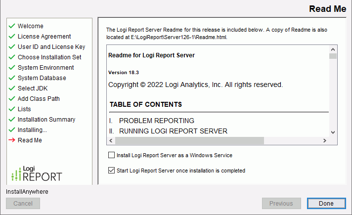 Logi Report Server Installation wizard - Read Me screen