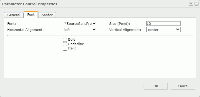 Parameter Control Properties dialog - Font tab