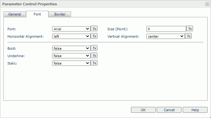 Parameter Control Properties dialog box - Font tab