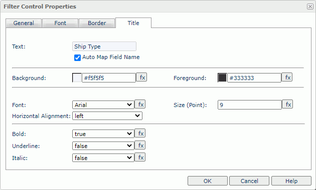 Filter Control Properties dialog box - Title tab