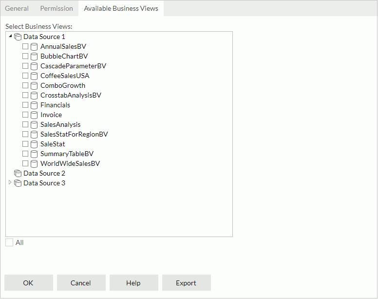 Properties dialog - Available Business Views tab
