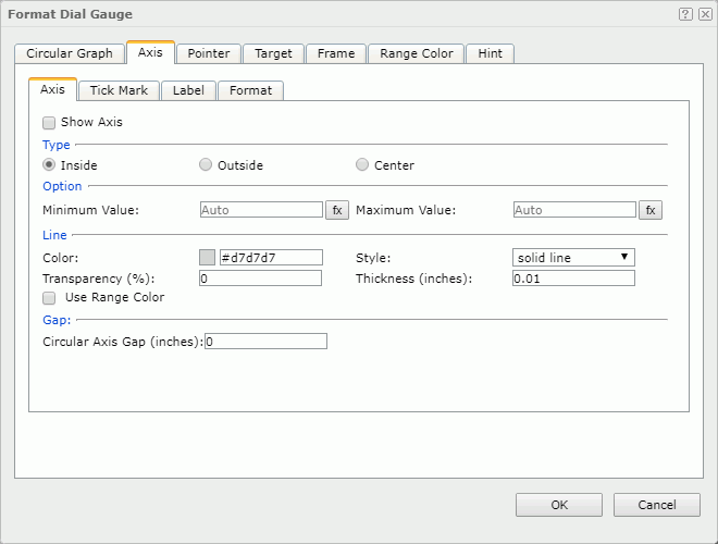 Format Dial Gauge dialog - Axis - Axis tab