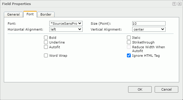 Field Properties dialog box - Font tab