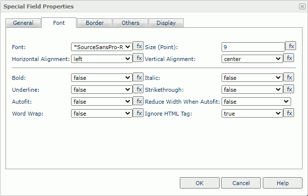 Special Field Properties dialog box - Font tab