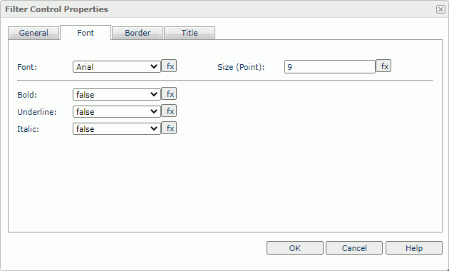 Filter Control Properties dialog box - Font tab
