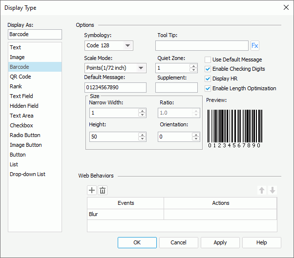 Display Type dialog box - Barcode